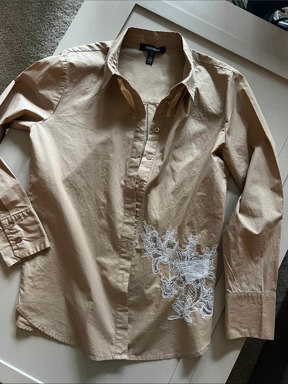Ellen Tracy Beige Button Up Shirt with White Lace Detail
